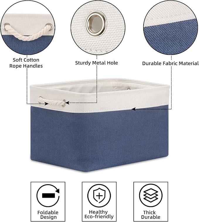Bidtakay Storage Baskets Collapsible [3-Pack] Decorative Storage Bins with Cotton Rope Handles 15 X 11 X 9.5 Inch Organizing Baskets for Shelves Clothes Closet Navy Blue Baskets for Gifts Empty-CubbioJoy