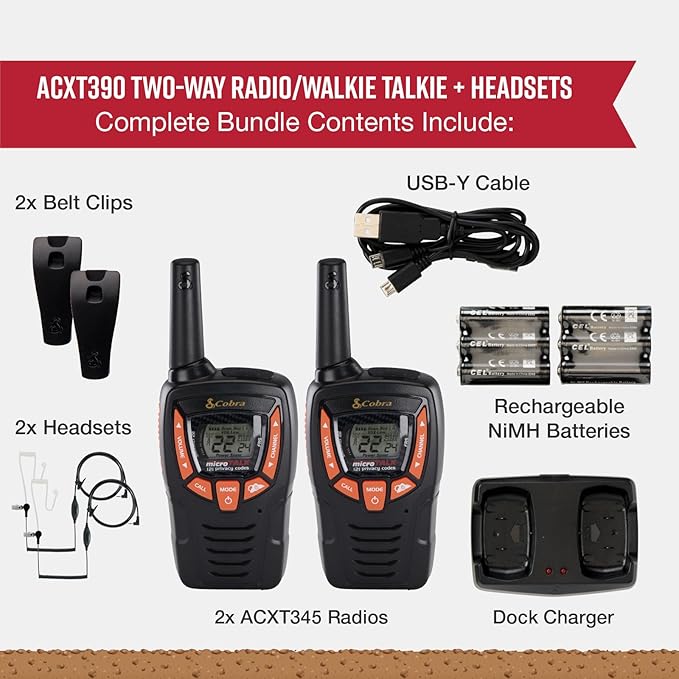 Cobra ACXT390 Walkie Talkies & Compatible Cobra Surveillance Headset - Rechargeable, 22 Channels, Long-Range, 2 Two-Way Radios, 2 Headsets, Black/Orange-CubbioJoy