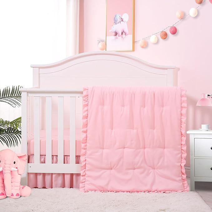 Cloele 3 Pieces Crib Bedding Set for Girls- Solid Ruffle Quilted Includes Comforter Fitted Sheet Crib Skirt,Cute Ruffled Nursery Baby Crib Standard Size Baby Bedding Set Pink-CubbioJoy
