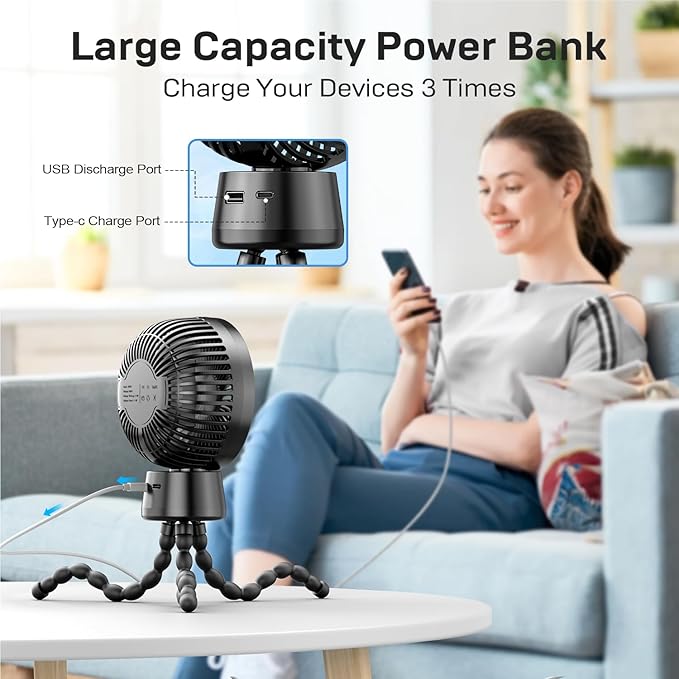 20000mAh Portable Stroller Fan, 120° Auto Oscillation, 3-IN-1 with Power Bank LED Light Detachable Flexible Tripod Rechargeable Battery Powered Clip On Fans Desk for Baby Crib Car Seat Travel-CubbioJoy