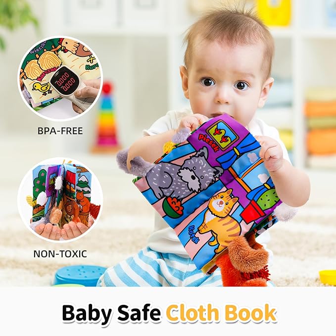 Jollybaby Baby Cloth Books, Touch & Feel Crinkle Soft Books, for Infants Babies, Toddler Early Educational Interactive Stroller Toys, Baby Girl & Boy Gift(Plush Tails)-CubbioJoy