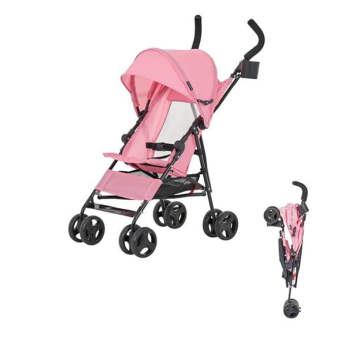 Dream On Me Rover Convenience Baby Stroller in Pink, Lightweight & Compact Umbrella Stroller, Easy one-Hand fold Travel Stroller, Lockable Rear Wheels, Removable & Adjustable Canopy-CubbioJoy