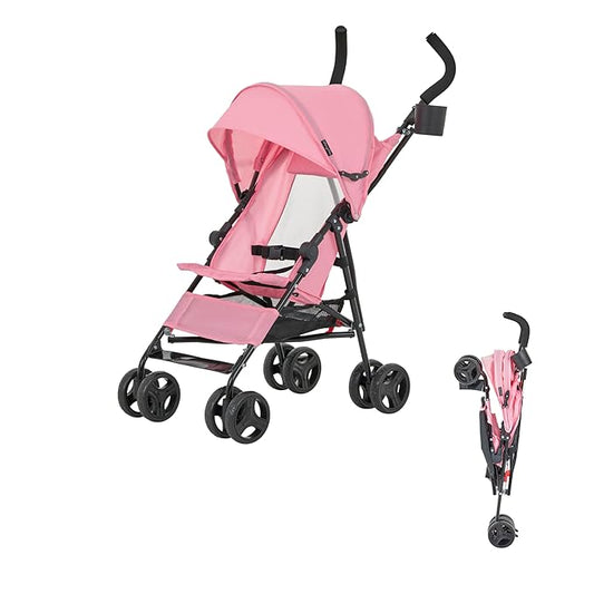 Dream On Me Rover Convenience Baby Stroller in Pink, Lightweight & Compact Umbrella Stroller, Easy one-Hand fold Travel Stroller, Lockable Rear Wheels, Removable & Adjustable Canopy-CubbioJoy
