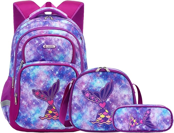 Cusangel Purple Mermaid 3pcs Set with Lunch Box Pencil Case,Multi Compartment Backpack, Dinosaur Backpack Chest Strap Side Pockets 16 Inch-CubbioJoy