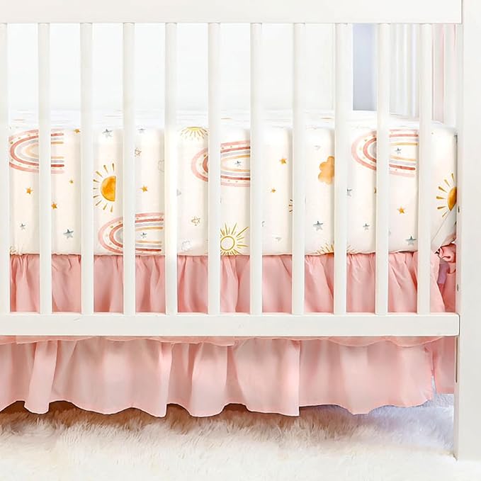 4-Piece Crib Bedding Set for Girls, Includes Comforter, Fitted Crib Sheet, Crib Skirt, and Diaper Stacker, Pink Rainbow-CubbioJoy