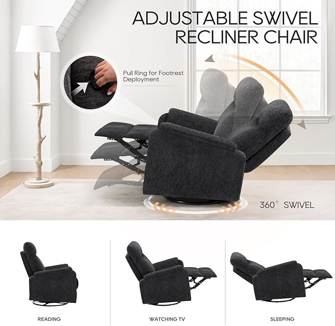COLAMY Swivel Recliner Chair with Footrest, High Back with Double-Layer Cushion, Glider Recliner for Nursery & Living Room, Bedroom, Dark Grey-CubbioJoy