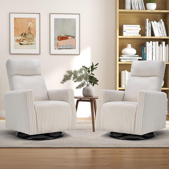 CANMOV Swivel Rocker Chair Set of 2, Swivel Accent Chair with High Back and Arms, Corduroy Glider Chair for Living Room Bedroom Nursery, Beige-CubbioJoy