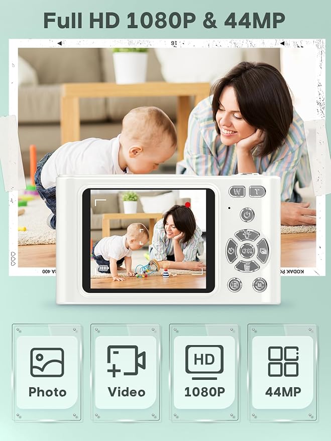 Digital Kids Camera 1080P Vlog Camera with 64GB, Lanyard, 16X Zoom Anti Shake, Card Reader 44MP Compact Portable Point Shoot Digicam for Kid Teen Girl Boy Christmas Halloween Thanksgiving-CubbioJoy