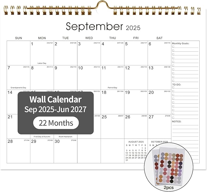 Calendar 2025-2027 22 Monthly Wall Calendar Runs from September 2025 until June 2027 Spiral Binding Hanging 11.5" x 14.7" Thick Paper with Julian Dates and Block for School Office（Simplicity）-CubbioJoy
