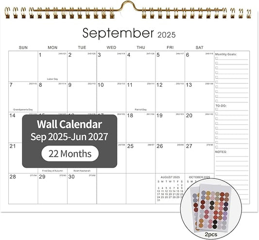 Calendar 2025-2027 22 Monthly Wall Calendar Runs from September 2025 until June 2027 Spiral Binding Hanging 11.5" x 14.7" Thick Paper with Julian Dates and Block for School Office（Simplicity）-CubbioJoy