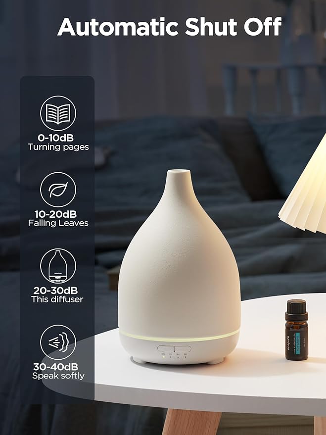 InnoGear Oil Diffuser, 300ML Ceramic Diffuser for Essential Oils Handcrafted Aromatherapy Diffuser Ultrasonic Cool Mist Humidifier with 4 Timers Waterless Auto Off for Room Office, White Base-CubbioJoy