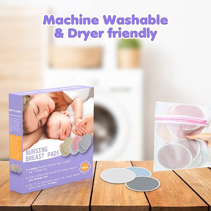 6 PCS Reusable Nursing Pads – Washable Breast Pads for Breastfeeding, Soft & Super Absorbent with Laundry Bag and Travel Bag, Nipple Pads for Postpartum Essentials-CubbioJoy