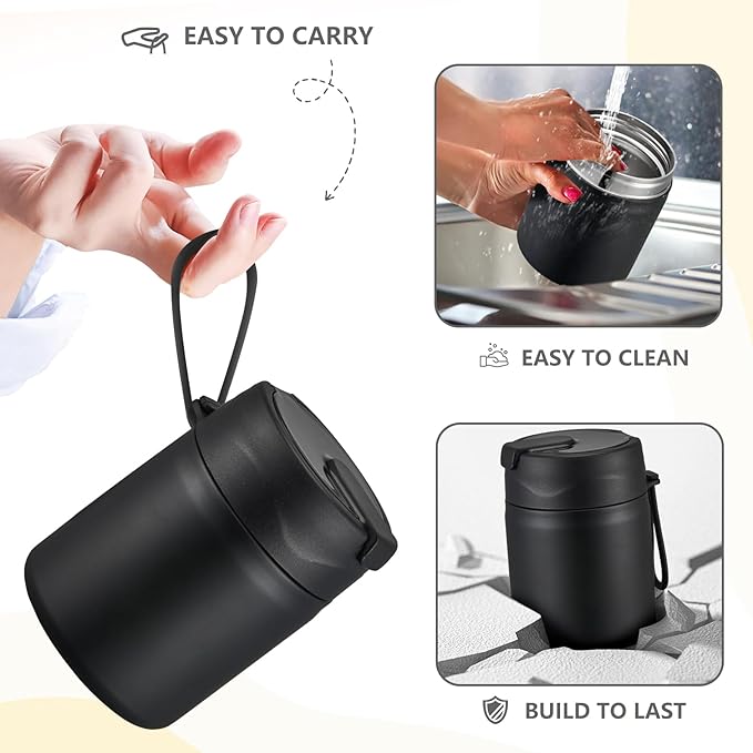 17oz Soup Thermo for Hot Food Kids Insulated Vacuum Food Jar with Stainless Steel Spoon Wide Mouth Thermo Leakproof Lunch Food Container Kids Hot Lunch Box (Black)-CubbioJoy