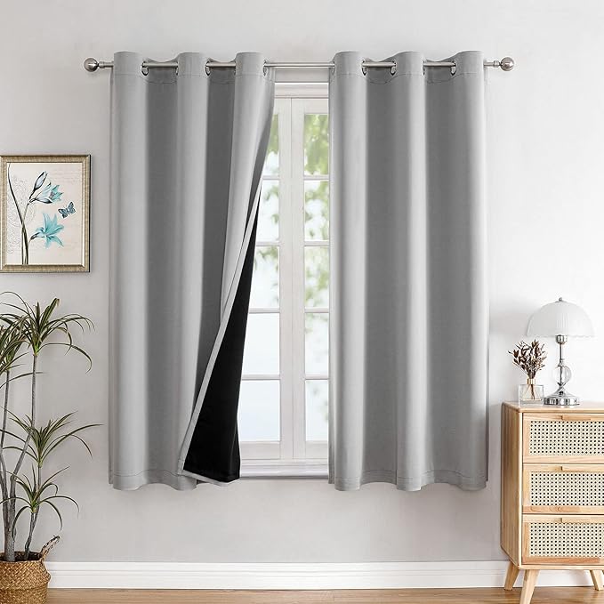 ChrisDowa 100% Blackout Curtains for Bedroom with Black Liner, 2 Thick Layers Total Blackout Thermal Insulated Grommet Small Window Curtains 54 Inch Length 2 Panels Set (Light Grey, 42 x 54 Inch)-CubbioJoy