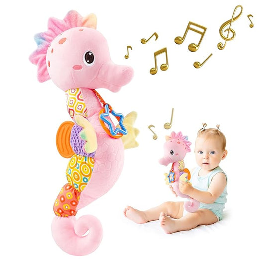 Sumobaby Infant Baby Musical Stuffed Animal Activity Soft Toys with Multi-Sensory Crinkle, Rattle and Textures, for Tummy Time Newborn 0-3-6-12 Months Girls,Seahorses, Pink-CubbioJoy