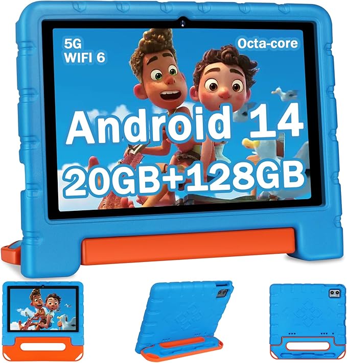 2025 Kids Tablet 10 inch Android 14 Tablets for Kid Octa-Core, 20GB+128GB (TF 1TB), Toddler Tablet with Shockproof Case, 2.4G+5G WiFi 6, Parental Control, Face Unlocked, Split Screen, BT5.0 (Blue)-CubbioJoy