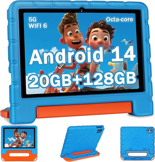 2025 Kids Tablet 10 inch Android 14 Tablets for Kid Octa-Core, 20GB+128GB (TF 1TB), Toddler Tablet with Shockproof Case, 2.4G+5G WiFi 6, Parental Control, Face Unlocked, Split Screen, BT5.0 (Blue)-CubbioJoy