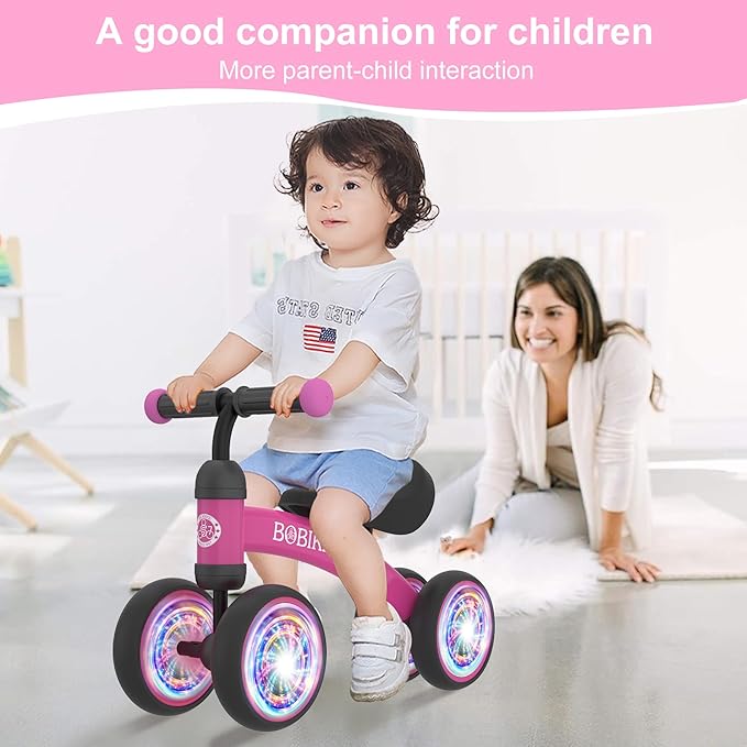 Baby Balance Bike Toys for 12-36 Months Kids Toy Boy and Girls Gifts Toddler Best First Birthday Gift Children Walker No Pedal Infant 4 Wheels Bicycle (Colorful, Rose Red-Light)-CubbioJoy