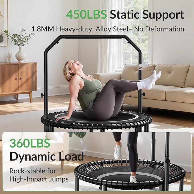 BCAN 40"/48" Mini Rebounder Trampoline for Adults with Bar, 450/550LBS Fitness Trampoline with Bungees, Adjustable Handle, Stable & Quiet, Indoor Outdoor, Whole-Body Workout & Relaxation at Home-CubbioJoy