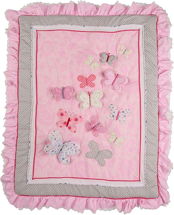7 PCs Pink Embroidery Butterfly Nursery Crib Bedding Set 100% Cotton Baby Girl 3D Butterfly Themed Cot Bedding Set 1 Quilt, 2 Fitted Sheet, 1 Window Valance, 3 Butterfly Shaped Wall Decor-CubbioJoy