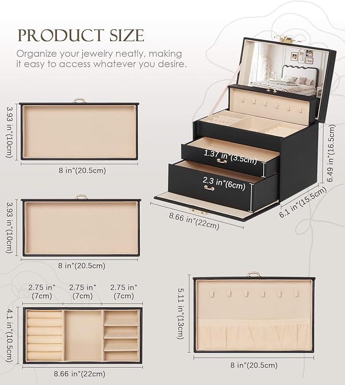 Jewelry Box with Lock for Girls: Jewelry Organizer for Dresser - 3-Drawer Earrings Storage Girls Women Gift (Black)-CubbioJoy