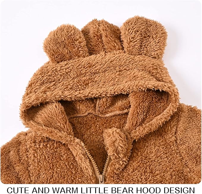 Baby Fleece Jumpsuits Infant Bear Ear Snowsuit Newborn Hooded Romper Warm Coat-CubbioJoy