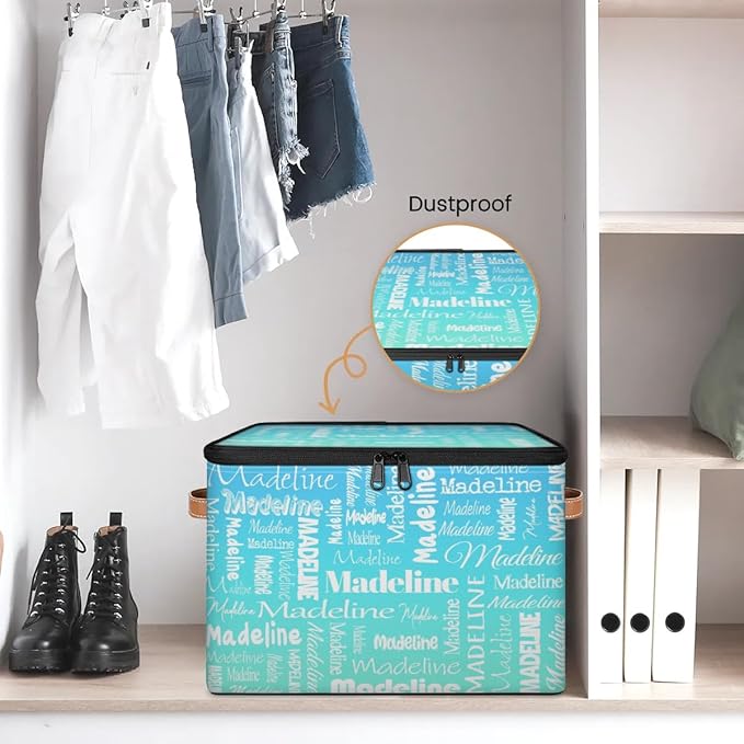 Custom Storage Basket with Name, Personalized Storage Bins with Zipper Lid, Foldable Fabric Storage Box Large capacity with Handle Blue Green Gradient-CubbioJoy