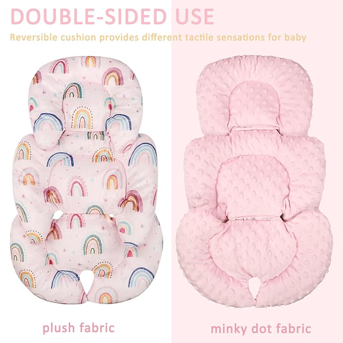 Infant Car Seat Insert, Car Seat Head Support Baby Girls Boys, Soft & Reversible Newborn Carseat Insert Cushion with 2 Strap Covers, for Stroller, Swing, Bouncer (Pink Rainbow)-CubbioJoy