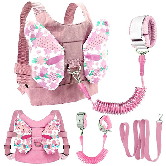 Anti Lost Toddler Harness - Butterfly Baby Leash and Wrist Link with Lock, Child Walking Harness Assistant for Girls, Cute Traction Safety Leash for Kids, Holiday Travel Christmas Gift, Pink-CubbioJoy