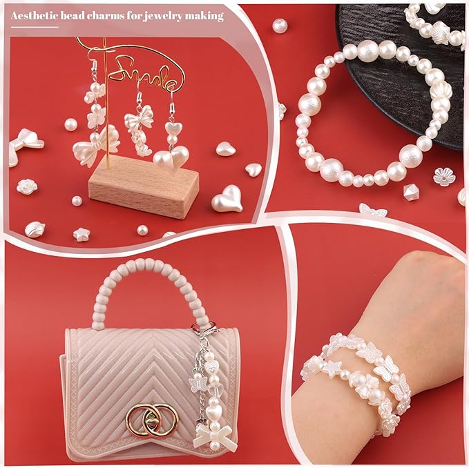 Assorted 270-320PCS Mix ABS Imitation Pearl Beads for Bracelet Making, Bow Butterfly Heart Kawaii Aesthetic Acrylic Beads,Cute Bead for Jewelry Making DIY Necklace Keychain Phone Charms-CubbioJoy