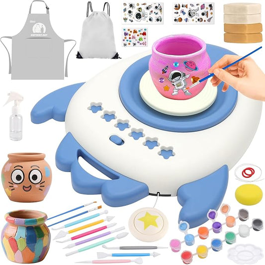 deAO Pottery Wheel for Kids Complete Painting Set for Beginners Mini Pottery Wheel Kit with Air Dry Clay Tools, Arts & Crafts Clay Wheel Toys Birthday Gifts for Girls Boys Age 3+ (Blue)-CubbioJoy