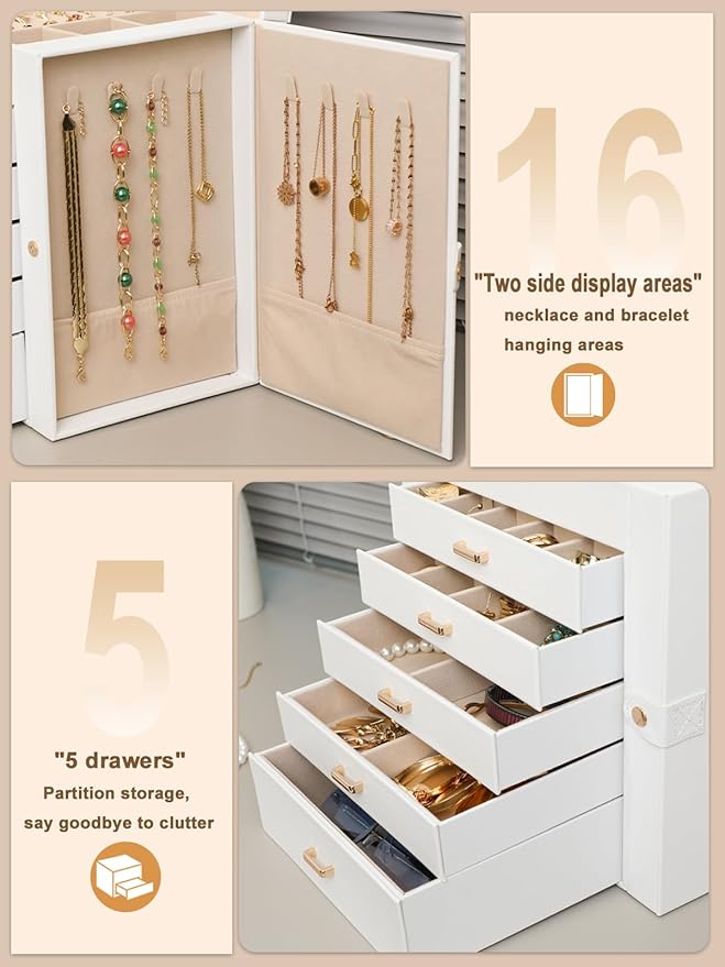 BOOVO Jewelry Box For women, 6 Layer Large Jewelry Organizer With Mirror, Multi-Function Storage Box With Lock, Necklace Holder With 5 Drawers, For Earrings Necklace Bracelet (White and Gold)-CubbioJoy