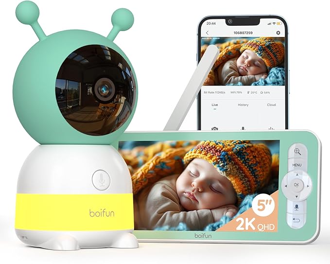 BOIFUN 2K WiFi Baby Monitor with Camera and Audio,Smartphone APP, Colorful Night Light, Smart AI Motion & Sound & Humidity & Temperature Detection, Auto Tracking,5-Inch Monitor Control, Night Vision-CubbioJoy