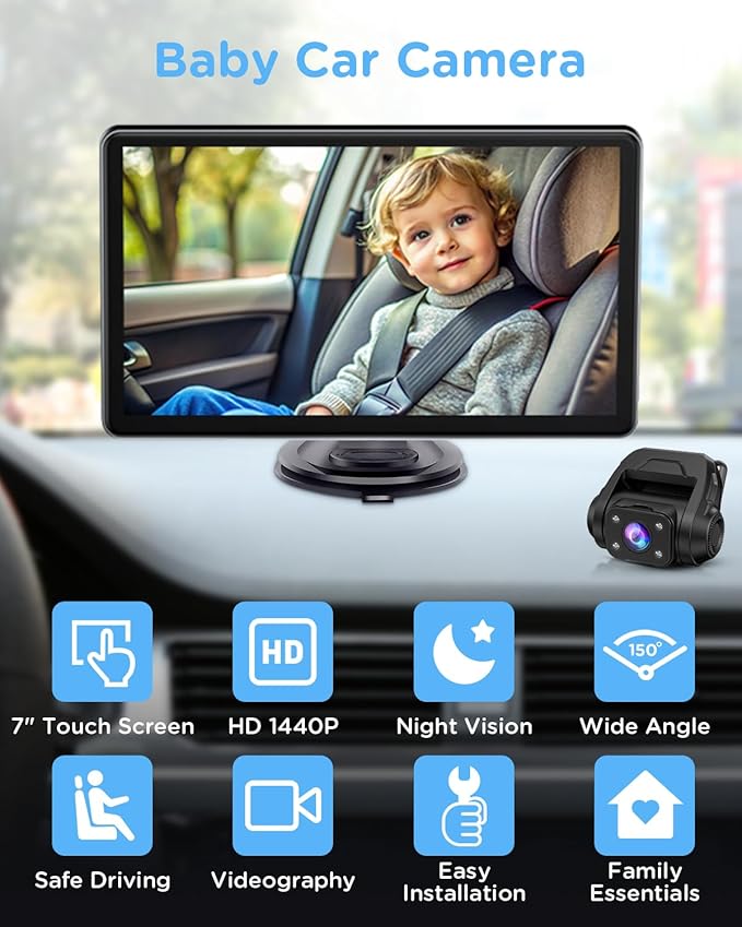 Baby Car Monitor for Backseat, 7" Touchscreen Camera Baby Camera with USB Plug and Play Easy Setup, 150° Wide Angle, Night Vision, Flexible 360 Rotation-CubbioJoy