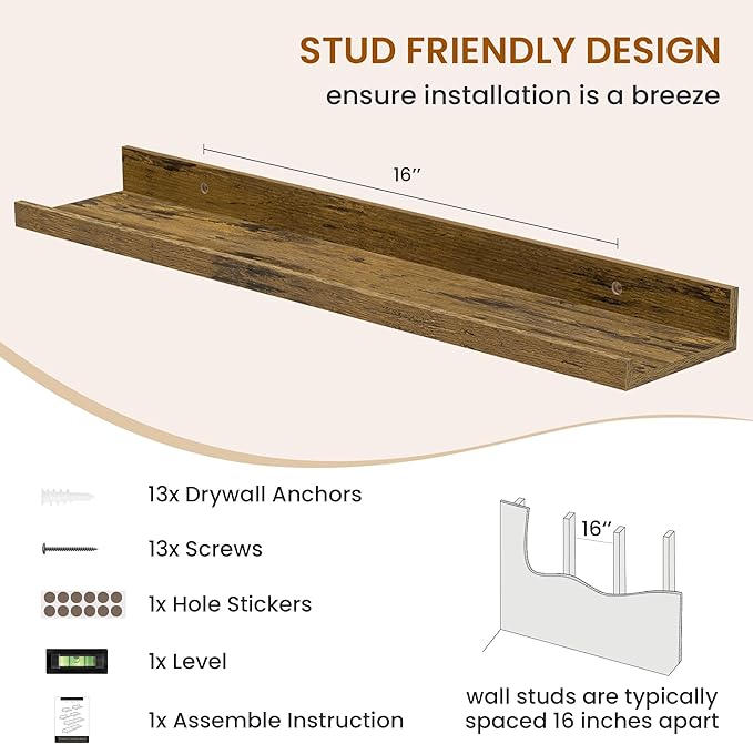 Axeman Picture Ledge Shelf, Floating Shelves for Wall Decor Set of 6, 24 inch Floating Wall Mounted Shelves, Wall Shelves with Lip for Living Room, Bedroom, Nursery, Bathroom, Kitchen, Rustic Brown-CubbioJoy