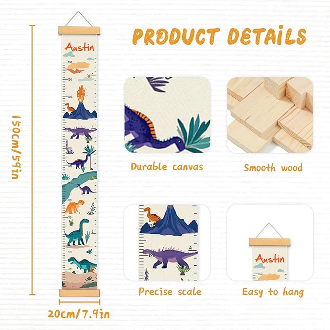 Customize Name Canvas Growth Chart for Kids, Dinosaur Unisex Kids Room Wall Decor, Measuring Height Chart, Wall Tape with Height Chart for Kids, Foldable Height Tracker, Lightweight-CubbioJoy