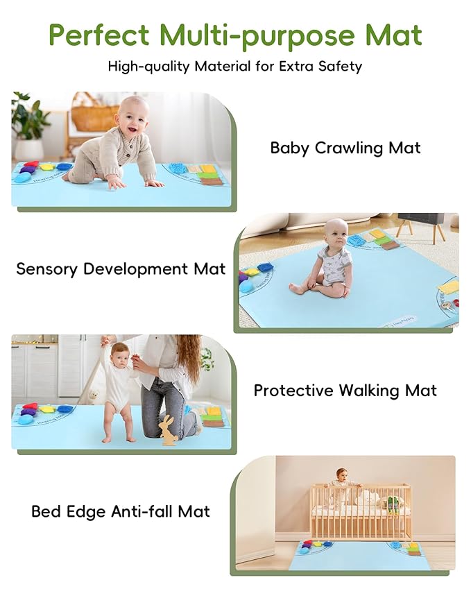 Baby Play Mat, 50''x50'' Playpen Mats with 4 Sensory Development Zones for Motor Skills, Unique Crawling Mats with Non-Slip Cushioned that Fits Nicely into Any Playroom, Blue-CubbioJoy