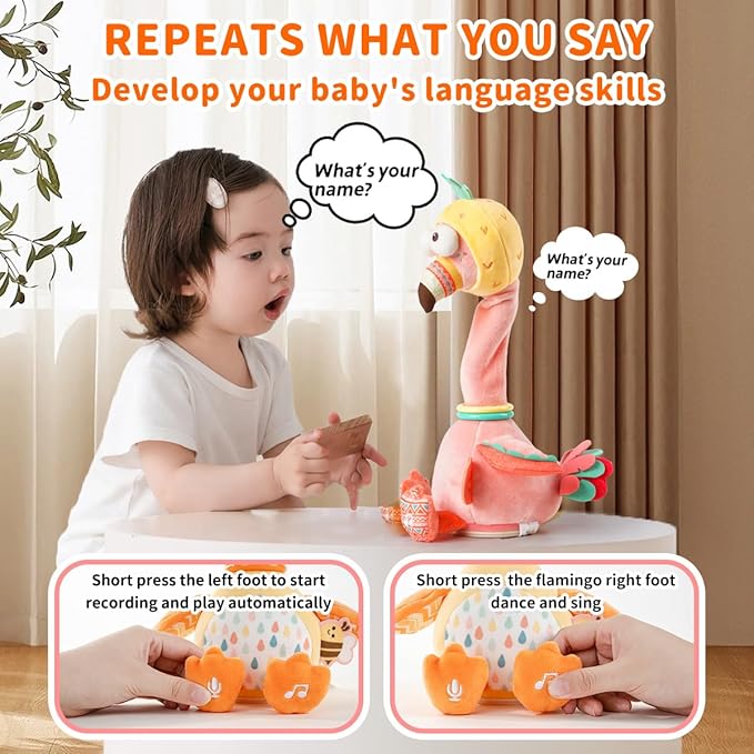 Jollybaby Plush Talking Singing Dancing Musical Flamingo Toy for Toddlers 1-3 Just Like Cactus Toy, Music Mimicking Interactive Toy for Crawling Kids, Sensory Stuffed Toy Gift for Baby 0-6-12 Month-CubbioJoy
