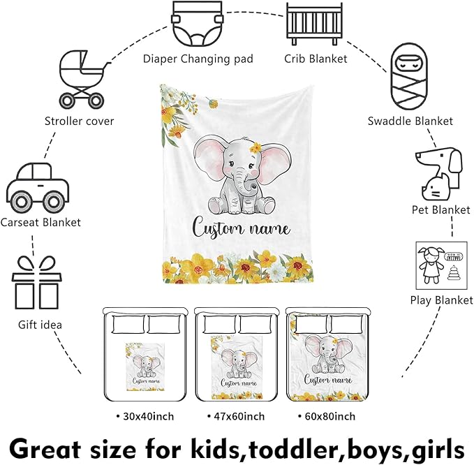 Custom Nursery Crib Bedding Set: 4 Piece Yellow Floral Elephant Design Baby Crib Sets for Girls with Personalized Name - Toddler Double Layer Blanket Set, Comfortable Crib Bed Sheets for Baby Toddlers-CubbioJoy