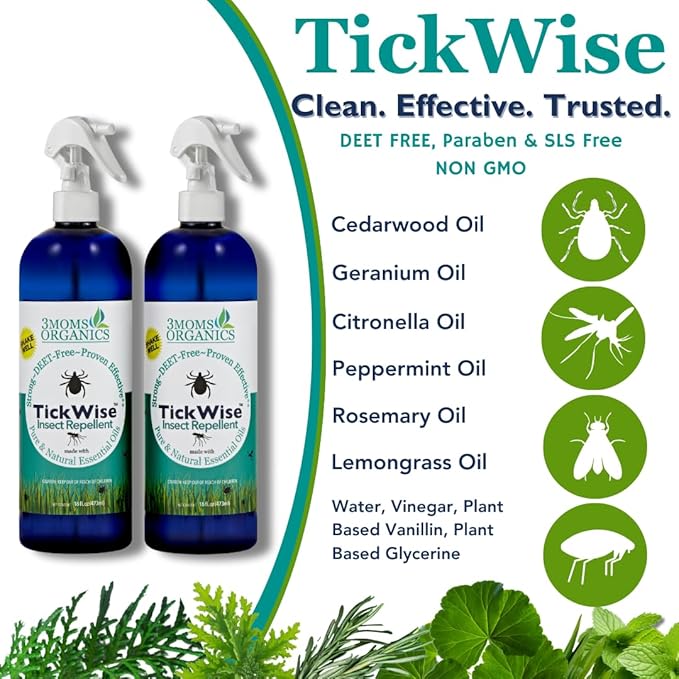 3 Moms Organics, TickWise 16oz Extra Strength Double Mama 2-Pack - DEET- Free, Tick and Insect Repellent, Plant Based Essential Oils, All Natural Ingredients, Safe for Kids, Adults, Dogs & Horses-CubbioJoy
