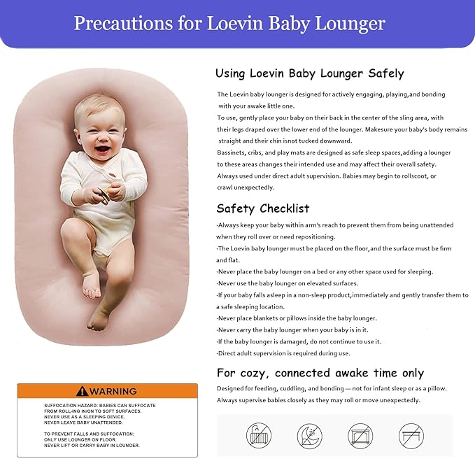 Baby Lounger Play Mat,Baby Lounger for Newborn Tummy Time for Baby in Bed,0° Angle Newborn Lounger Baby Nest for Boys & Girls 0-12 Months(Pink)-CubbioJoy