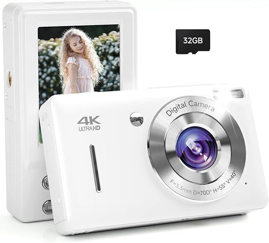 Digital Camera, 44MP FHD 1080P Camera for Kid with 16X Zoom Anti Shake, Compact Small Camera with 32GB SD Card, Digital Camera for Teens for Teens Girls Kids Adults(White)-CubbioJoy