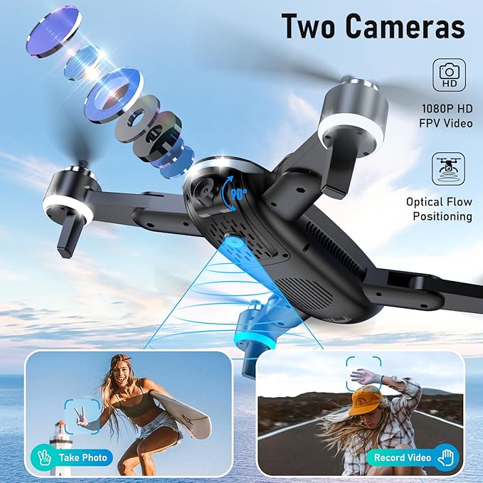 Drone with Camera, 1080P HD FPV Foldable Drone with Brushless Motor Optical Flow, One Key Take Off/Land, 360° Flip, Waypoint Fly, Gesture Selfie, 2 Batteries, Mini Drones for Kids 14+-CubbioJoy