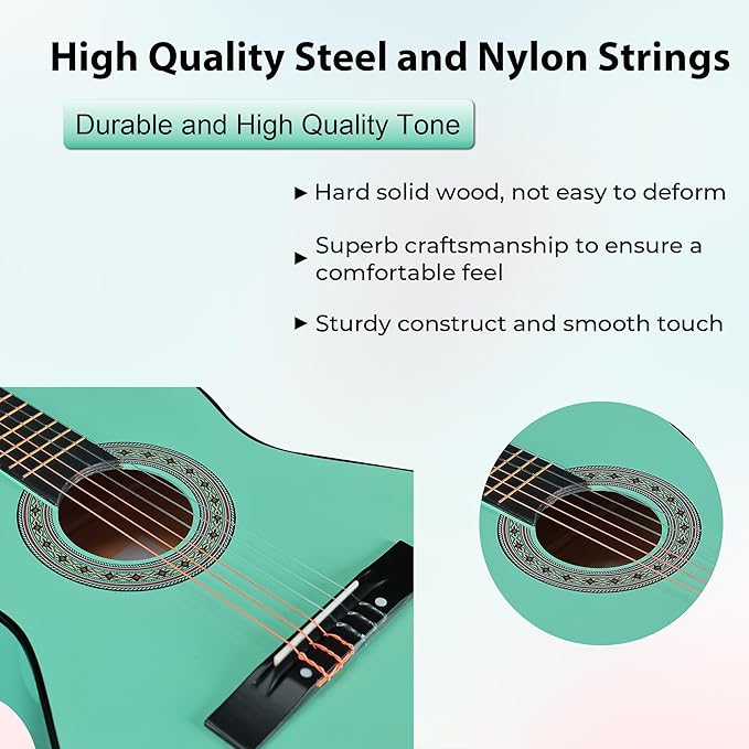 ADM Beginner Acoustic Classical Guitar 38 Inch Nylon Strings Wooden Guitar Bundle Kit for Kid Boy Girl Student Youth Guitarra Online Lessons with Gig Bag, Strap, Tuner, Strings, Cyan Green-CubbioJoy