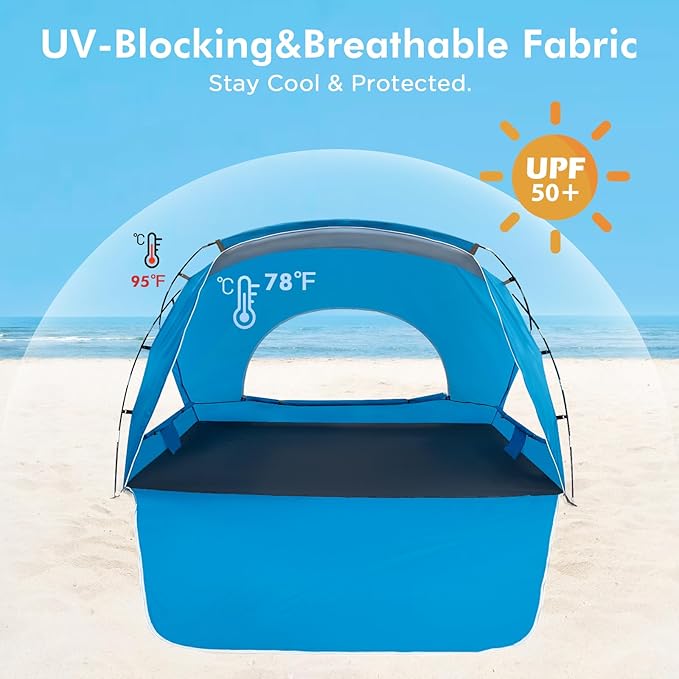 Beach Tent, Portable Sun Shelter for 2/3/4/6-8 Person with UPF 50+ UV Protection, Easy Setup Waterproof Beach Shade Canopy Cabana for Family Outdoor and Picnics, Fishing with Carrying Bag-CubbioJoy