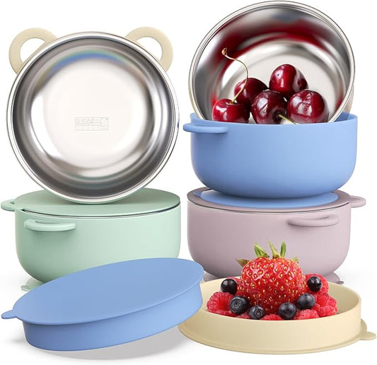 Baby Suction Bowls with Lids 4-Pack, 2-in-1 Stainless Steel 304 Toddler Bowl & Removable Silicone Suction Kids Bowl Plate Set Non Toxic Snack Dishes for Self-Feeding, Twilight Meadow-CubbioJoy
