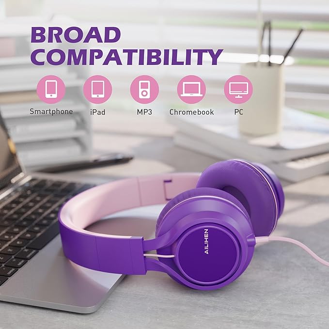 AILIHEN C8 Girls Headphones, On-Ear Headphones Wired with Microphone and Volume Control Foldable Corded Stereo 3.5mm Headset for Girls School Chromebook Laptop Computer PC Tablets Travel (Purple Pink)-CubbioJoy