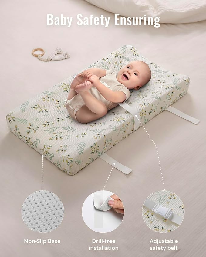 Blissful Diary Muslin Baby Changing Pad with Waterproof Lining Foam, Diaper Changing Table Pad with Cover for Dressers (Botanical Leaf, Rectangular)-CubbioJoy