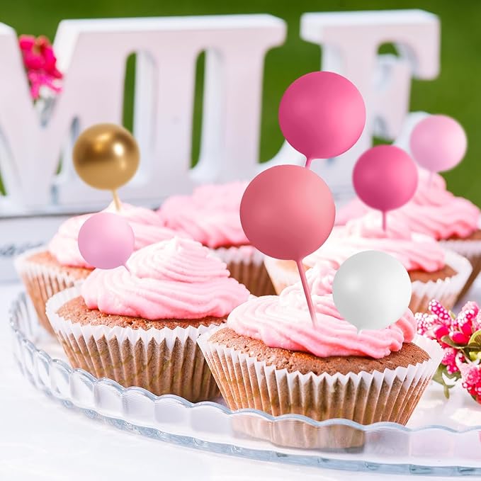 75 Pieces Cake Balls Topper Decorations Foam Cupcake Topper Mini Balloon Balls Cake Picks for Deco Birthday Party Wedding（Pink White Gold Series）-CubbioJoy