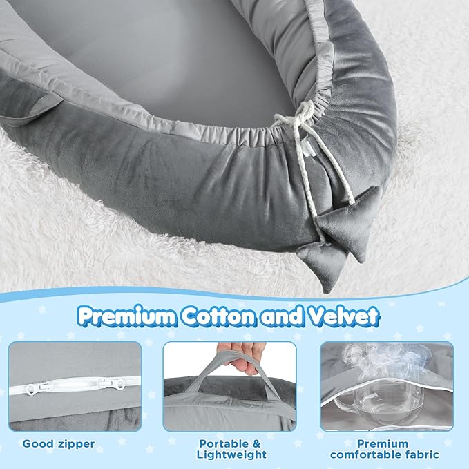 Baby Lounger - Baby Lounger for Newborn 0-24 Months, Breathable & Soft Cotton and Velvet Cover Baby Nest, Portable Tummy Time Lounger for Home and Travel, Ideal Baby Essentials & Shower Gifts-CubbioJoy